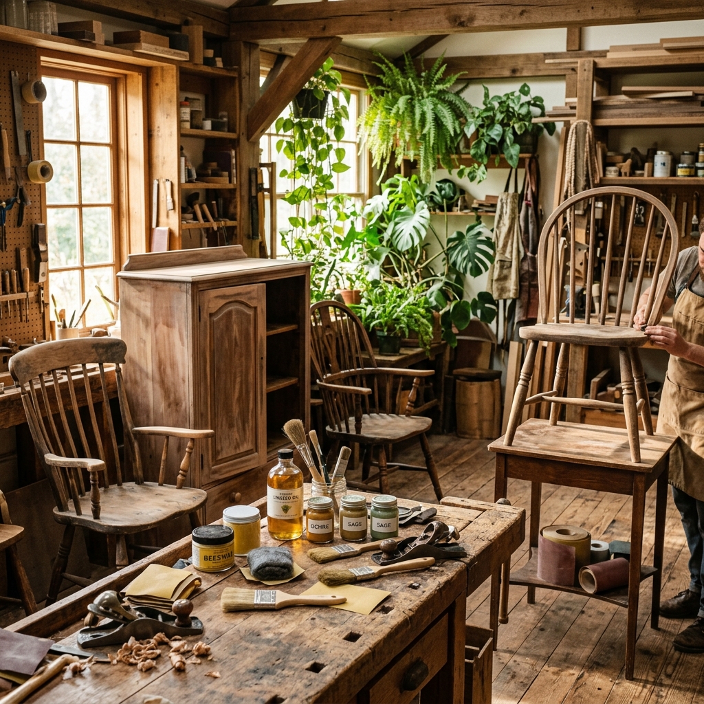 Interior cálido del taller de restauración con herramientas de carpintería y sillas de madera en proceso de acabado.