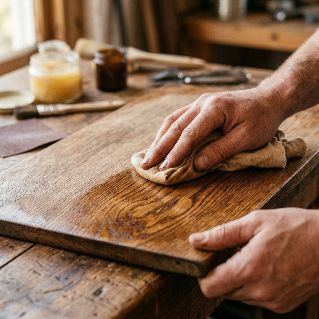 Manos aplicando cera natural sobre una tabla de madera de roble restaurada en el taller de Ana Palavecino.
